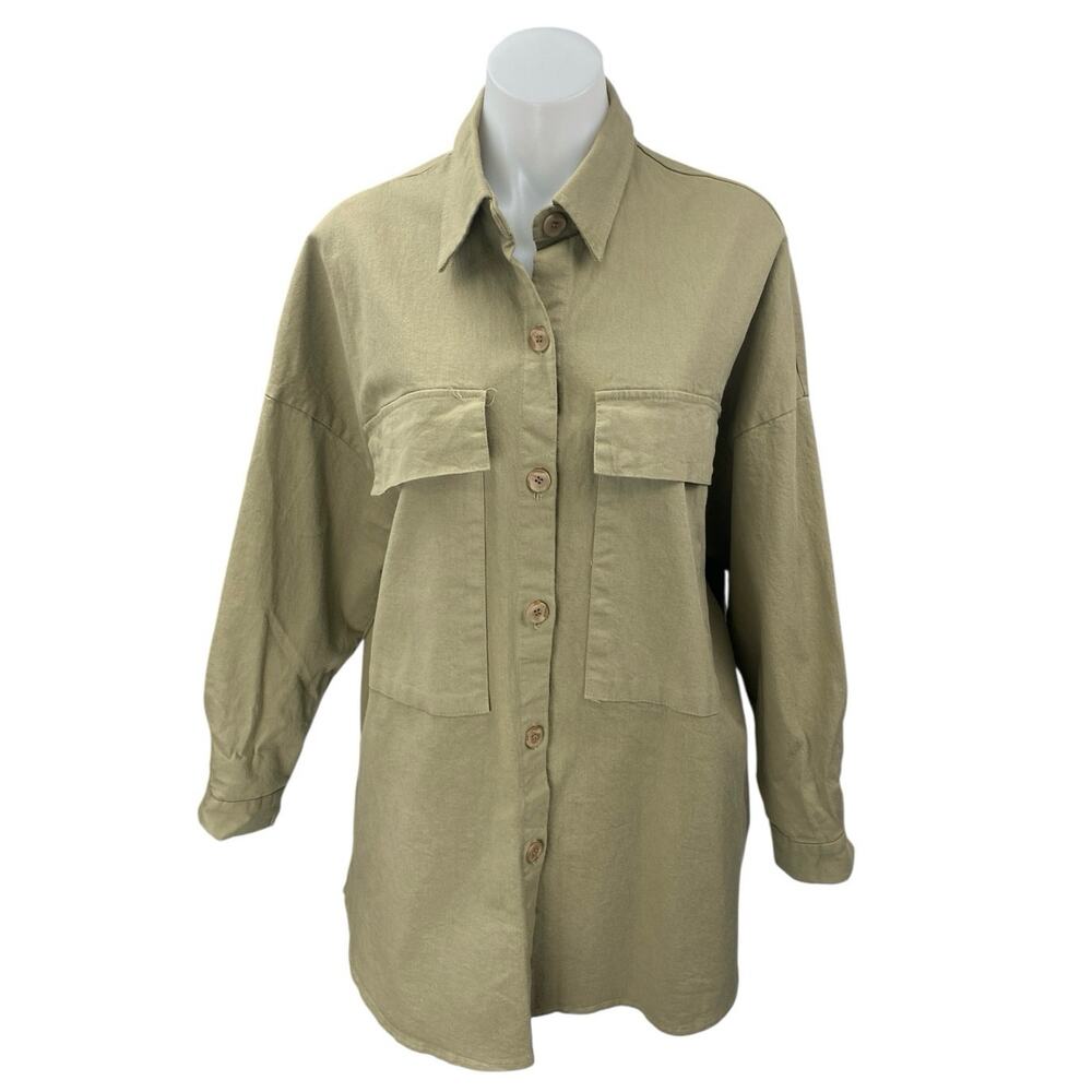 Oak + Fort Women's Green Collared Long Sleeve Pockets Button Down Shirt Dress OS